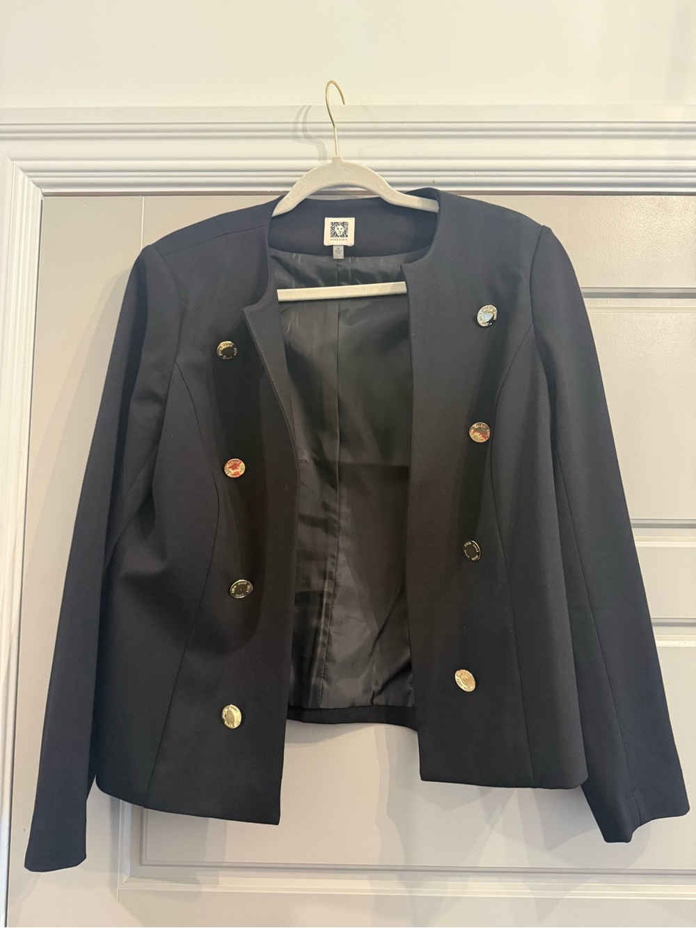Anne Klein Black Double-Breasted Collarless Blazer with Gold Buttons